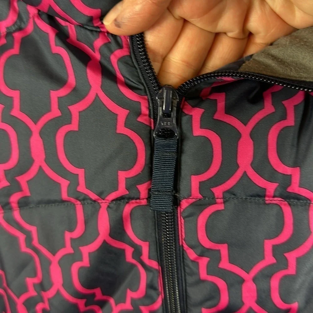 Lands End Girls Puffer Winter Jacket Size XL (18) Pink Navy Blue Down Filled